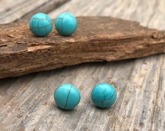 Turquoise stud earrings, faux howlite, boho style, silver tone