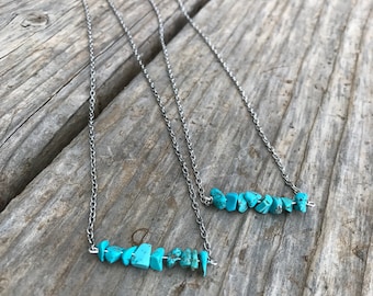 Turquoise bar necklace, turquoise chips, boho style, country jewlery