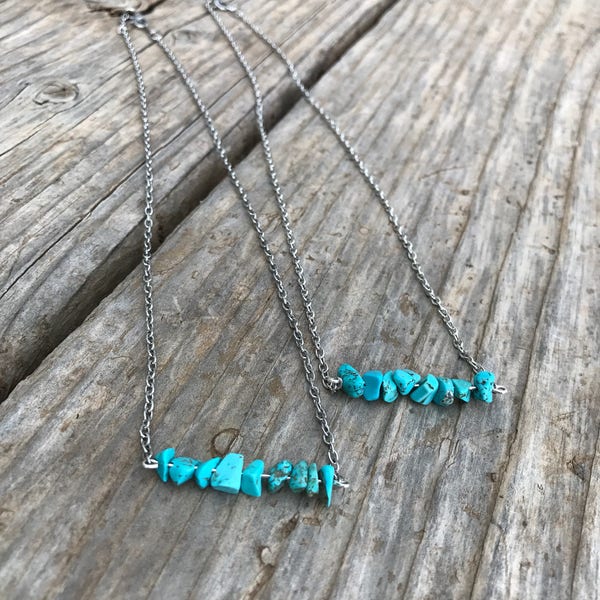 Turquoise bar necklace, turquoise chips, boho style, country jewlery