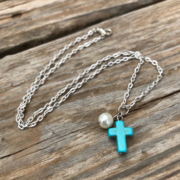 Turquoise cross necklace, cross charm, silver chain, 18 inch, boho style