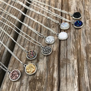 Custom Druzy Solitaire Necklace Gift Ideas for Her Choose Color and Base Metal Sparkling Drusy Pendant Modern Boho Handmade Jewelry