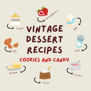Könnte beinhalten: Eine Illustration mit dem Text "VINTAGE DESSERT RECIPES COOKIES AND CANDY". Das Bild zeigt Illustrationen von Zutaten wie Zucker, Erdbeeren, Milch, Salz, Eiern, Butter, Mehl und Sahne.