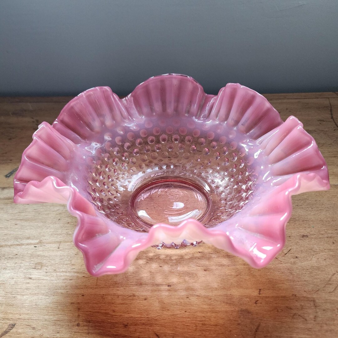 Vintage Fenton Cranberry Opalescent Hobnail Bowl, Large Pink Ruffled ...