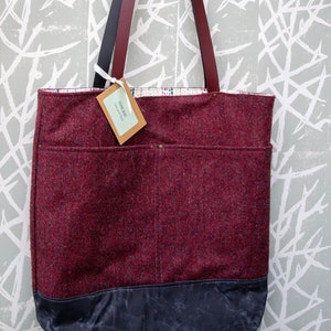 Tote bag - red herringbone wool tweed & waxed canvas