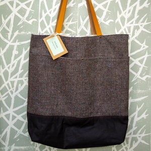 Tote Bag - braune Fischgrätwolle tweed & gewachschte Canvas