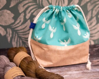 Drawstring project bag - Rise up - Aqua phoenix Medium Handmade