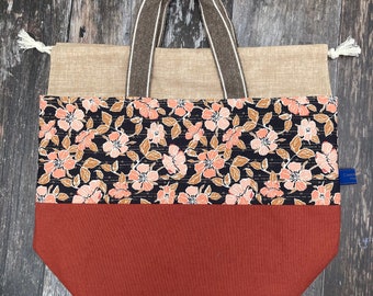 Large drawstring project bag - Blooms Cacao - Handmade for knitting & crochet