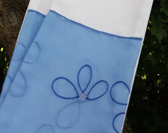 clergy stole: white with embroidered, beaded, sequin blue flowers for pastor, priest, minister. Ordination gift