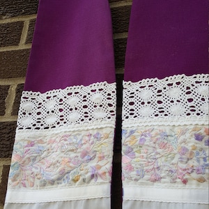 Purple clergy stole with hand embroidery and vintage lace and ribbon for advent or lent for minister, priest or pastor - short clergy stole
