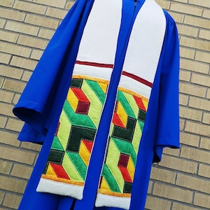 Quilted ivory white clergy stole with bright green pieced geometric pattern for pastor, priest, religious leader, officiant, or  minister