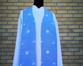 Light blue clergy stole covered with white embroidered flowers; light weight clergy stole for minister, pastor, wedding officiant, priest