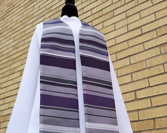 Shiny purple and grey striped clergy stole for pastor, priest, reverend, chaplain, officiant or minister for advent, lent or wedding