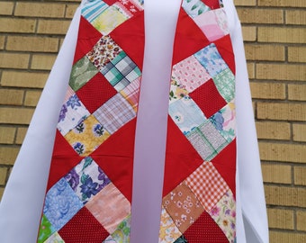 Charming quilted red clergy stole made from vintage fabric pieces for Episcopal, Methodist, Unitarian, Congregationalist, Presbyterian