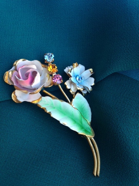 Flower Brooch with blue, yellow and pink rhineston