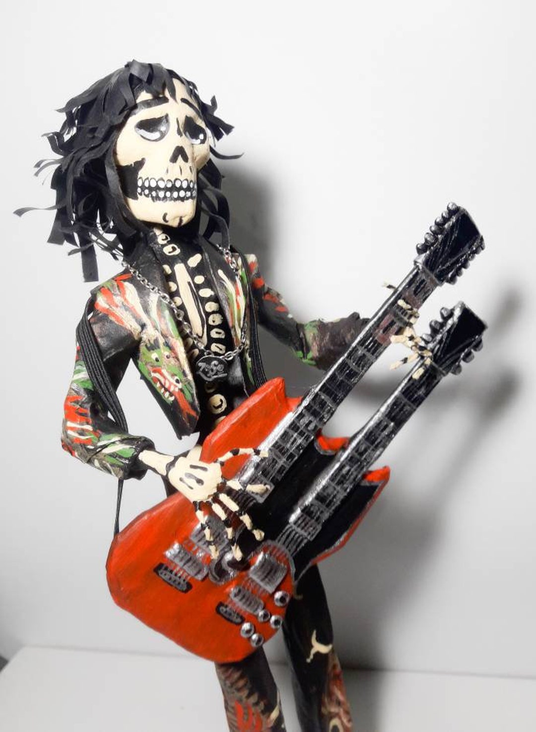 Jimmy Page Skull Figure. Paper Sculpture. Papier Mache Figure
