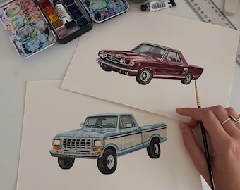 Ilustração personalizada de carro em aquarela, pintura automotiva feita à mão.