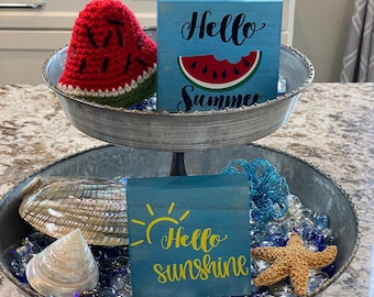 Hello Summer Wooden Decor for Tiered Trays| Watermelon Decor| Small Summer Sign| Watermelon Sign| Summer Centerpiece