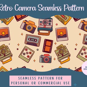May include: A seamless pattern featuring retro cameras, instant photos, film strips, and cassette tapes in shades of orange, green, and brown on a cream background. The text "Retro Camera Seamless Pattern" is at the top. The bottom text reads "Seamless Pattern for Personal or Commercial Use".