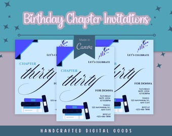 以下が含まれることがあります： 「Birthday Chapter Invitations」の文字が入った水色の誕生日招待状。招待状には、イベントの詳細と本の山とともに、エレガントな筆記体で「Chapter thirty」という言葉が書かれています。デザインは「Handcrafted Digital Goods」と表示されています。