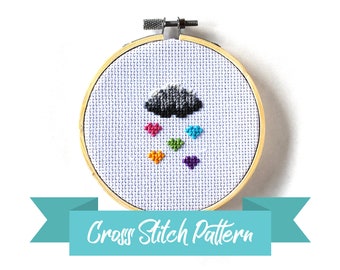 Raining Hearts, Cross Stitch Pattern, Rainbow Hearts, Rain Cloud, DIY Pattern, Kid's Craft, Anniversary Gift, Nursery Decor, Easy Craft