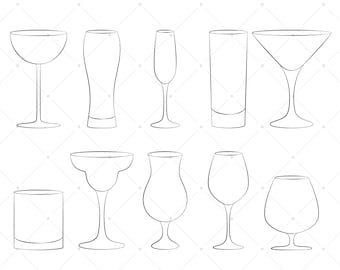 Cocktail Glasses, Clip Art, Glass Barware, Hand Drawn, Silhouette Outline, Wedding Invitations, Scrapbook Party, Bachelorette Party