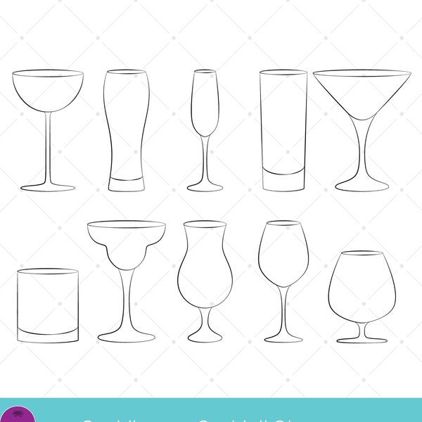 Cocktailglazen, Clip Art, Glas Barware, Hand getekend, Silhouet Overzicht, Bruiloft uitnodigingen, Scrapbook Party, Vrijgezellenfeest