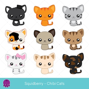 Chibi Cats, Clip Art, Siamese Cat, Tuxedo Cat, Tortoiseshell Tortie, Tabby Kitten, Cute Cats, Cartoon Style, Calico Spots, Bengal Cats