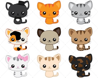 Chibi Cats, Clip Art, Siamese Cat, Tuxedo Cat, Tortoiseshell Tortie, Tabby Kitten, Cute Cats, Cartoon Style, Calico Spots, Bengal Cats