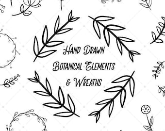 Hand Drawn, Botanical Elements, Floral Wreaths, Plant Frames, Doodle Flowers, Laurel Foliage, Black and White, Rustic Graphics