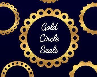 Gold Circle Seals, Round Labels, Clip Art, Gold Foil, Award Seal, Certificate Graphic, Text Holder, Scalloped Circles, Scrapbook Art