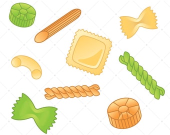 Pasta Clip Art, Pasta Noodles, Wagon Wheels, Farfalle Bow Tie, Tri Color Rotini, Ravioli Squares, Elbow Macaroni, Penne Noodle, Italian Food