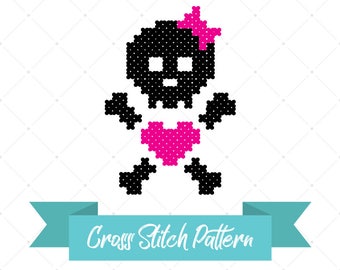 Skull Girl, Cross Stitch Pattern, Skull And Crossbones, Punk Rock, Hot Pink Bow, Heart Skull, DIY Instructions, Halloween Decor