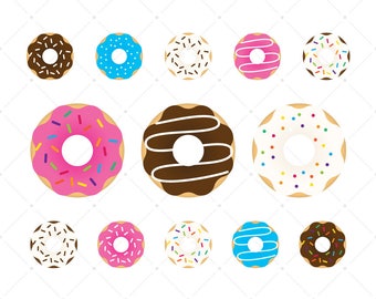 Donut Clip Art, Scrapbook Graphics, Bakery Food, DIY Print, Glazed Donuts, Rainbow Sprinkles, Chocolate Icing, Vanilla Donut, Cafe Art