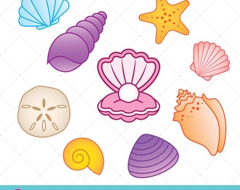 Seashell Clip Art, Shell Graphics, Beach Scrapbook, Summer Vacation, Ocean Creatures, Pearl In Oyster, Conch Shell, Sand Dollar, Starfish