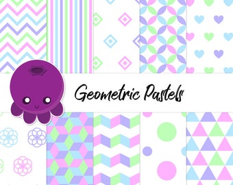 Geometric Pastels, Scrapbook Paper, Digital Paper, Printable DIY, Scrapbook Album, Easter Backgrounds, Spring Colors, Chevron, Stripes, Dots