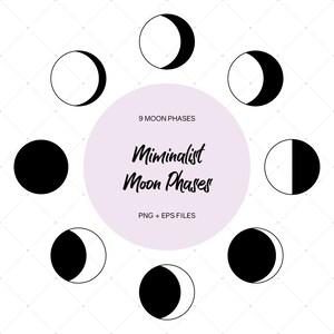 May include: Nine minimalist black and white moon phases illustrations. The text "9 Moon Phases" and "Minimalist Moon Phases" are displayed in a circle with the text "PNG + EPS Files" below.