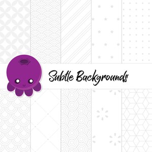 May include: A set of 10 digital paper backgrounds with subtle patterns in gray and white. The patterns include geometric shapes, stripes, dots, and stars. The text "Subtle Backgrounds" is displayed at the bottom of the image.
