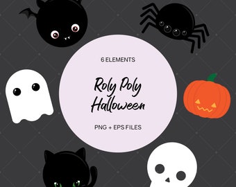 Roly Poly Halloween, Vector Clip Art, Cute Skull, Vampire Bat, Round Animals, Fat Cat, Jack o' Lantern, Cartoon Spider, Blob Animals