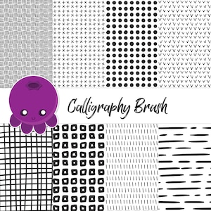 May include: A set of black and white digital brush patterns. The patterns include dots, lines, crosses, and squares. The text "Calligraphy Brush" is written in black on a white background.