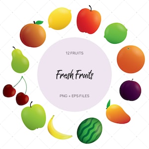 May include: A collection of 12 fresh fruits, including a red apple, a green pear, a yellow lemon, a green lime, an orange orange, a purple plum, a red cherry, a green apple, a yellow banana, a watermelon, a peach, and a mango. The fruits are arranged in a circle around a white circle with the text "12 FRUITS Fresh Fruits PNG + EPS FILES".