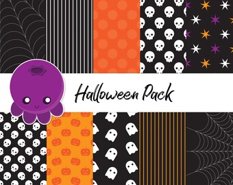 Halloween Set, Digital Paper, Scrapbook Background, Spooky Skulls, Cute Ghosts, Spider Web, Jack o' Lanterns, Pin Stripes, Night Stars