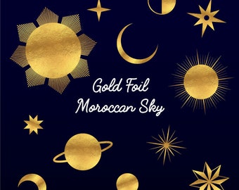 Gold Foil, Moroccan Sky, Clip Art, Scrapbook Supply, Graphic Design, Sun and Moon, Night Sky, Celestial Stars, Ring Planet, Art Deco