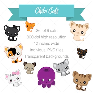 Chibi Cats, Clip Art, Siamese Cat, Tuxedo Cat, Tortoiseshell Tortie, Tabby Kitten, Cute Cats, Cartoon Style, Calico Spots, Bengal Cats image 2