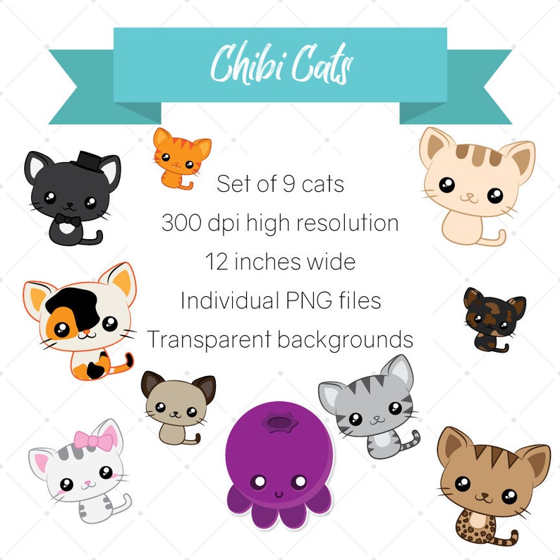 Chibi Cats, Clip Art, Siamese Cat, Tuxedo Cat, Tortoiseshell Tortie, Tabby Kitten, Cute Cats, Cartoon Style, Calico Spots, Bengal Cats image 2