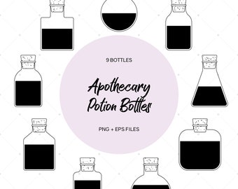 Apothecary Bottles, Potion Bottles, Vintage Illustration, Minimalist Graphics, Glass Bottles, Bottles with Corks, Science Flasks