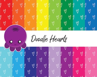 Doodle Hearts, Scrapbook Paper, Whimsical Hearts, Background Art, Valentine's Day, Romantic Art, Love Graphics, Skinny Hearts, Rainbow Paper