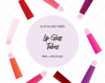 Può includere: Nove tubetti di gloss per labbra in vari colori, tra cui rosa, rosso, arancione, viola e marrone. I tubetti sono disposti in cerchio attorno a un cerchio bianco con il testo "Lip Gloss Tubes" in nero.