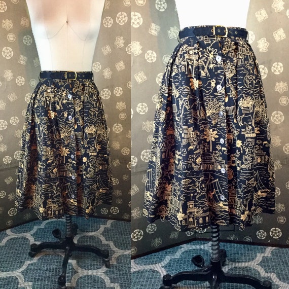 1950s Gold & Black Novelty Print Skirt - image 1
