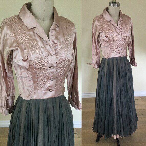 1940s /1950s Trapunto Satin and Chiffon Dress