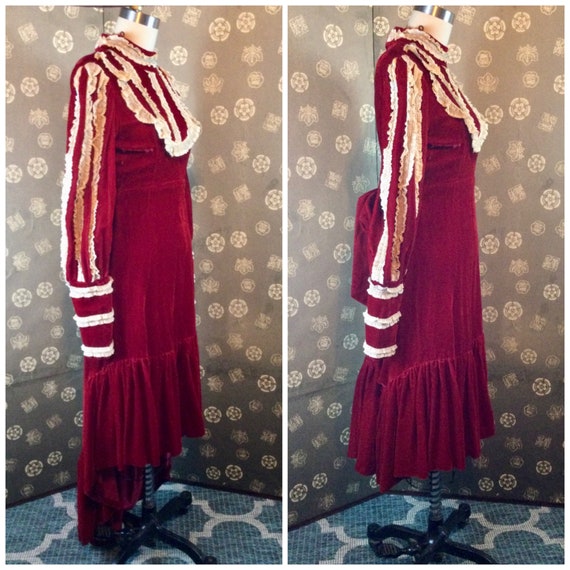 1960s Red Velvet Dress with Uneven Hem - image 3